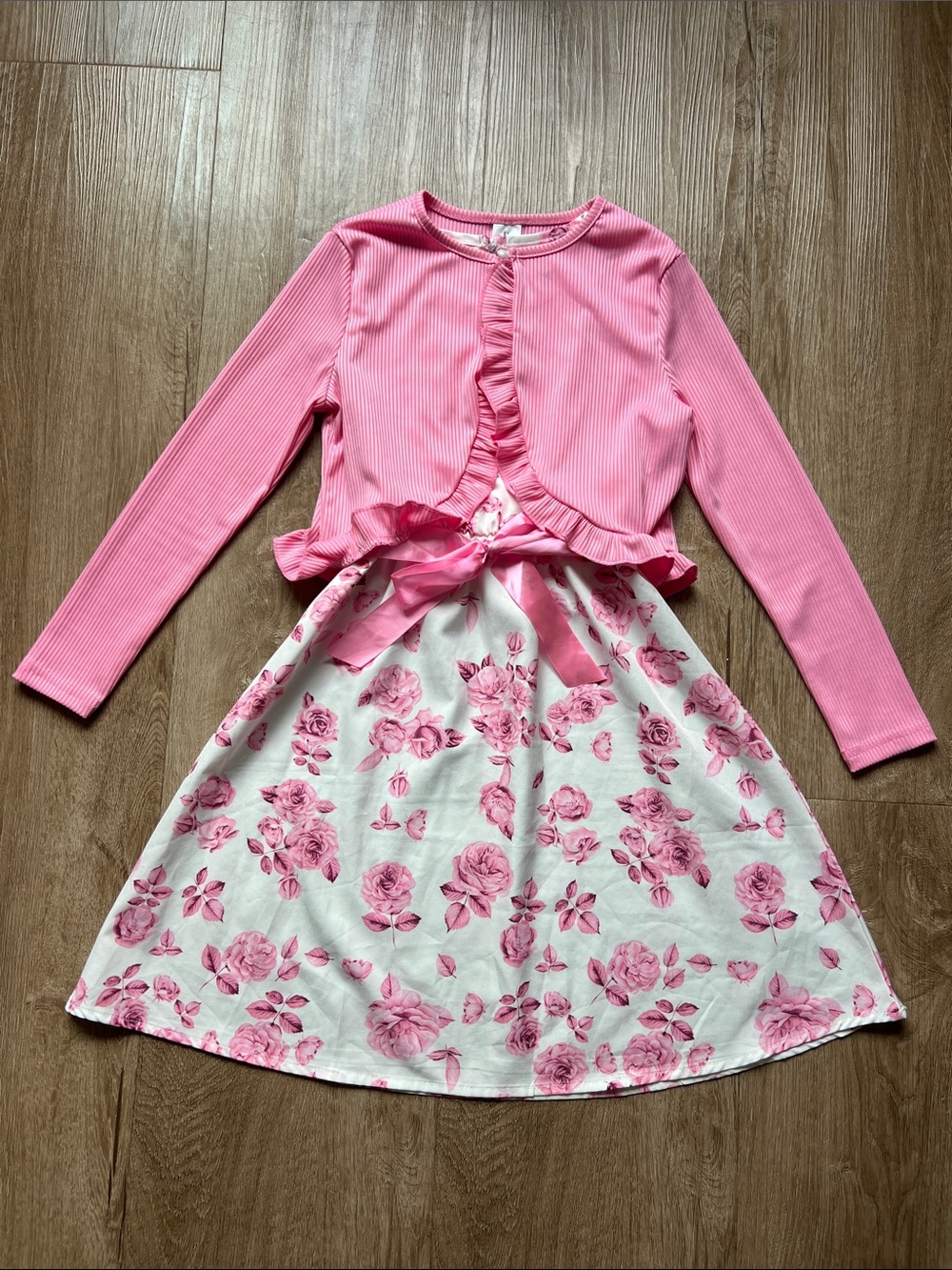 Girls Sleeveless Pink & White Floral Dress with Matching Pink Cardigan Size 8